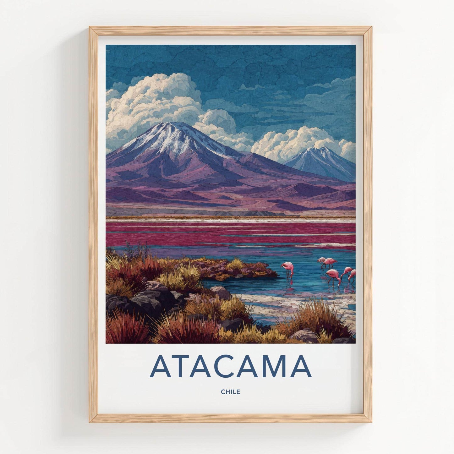 Atacama Poster - Chile Travel Art - Mountain Lake Flamingos Wall Decor