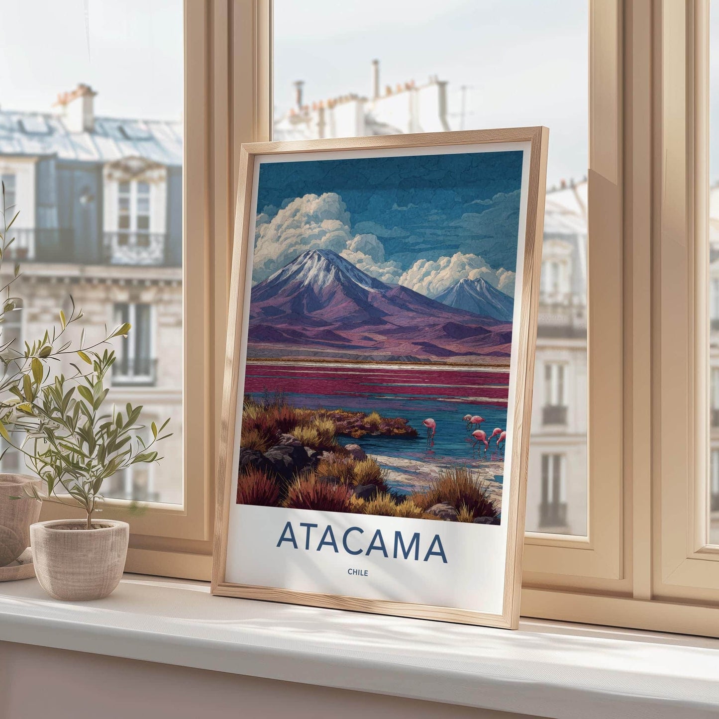 Atacama Poster - Chile Travel Art - Mountain Lake Flamingos Wall Decor