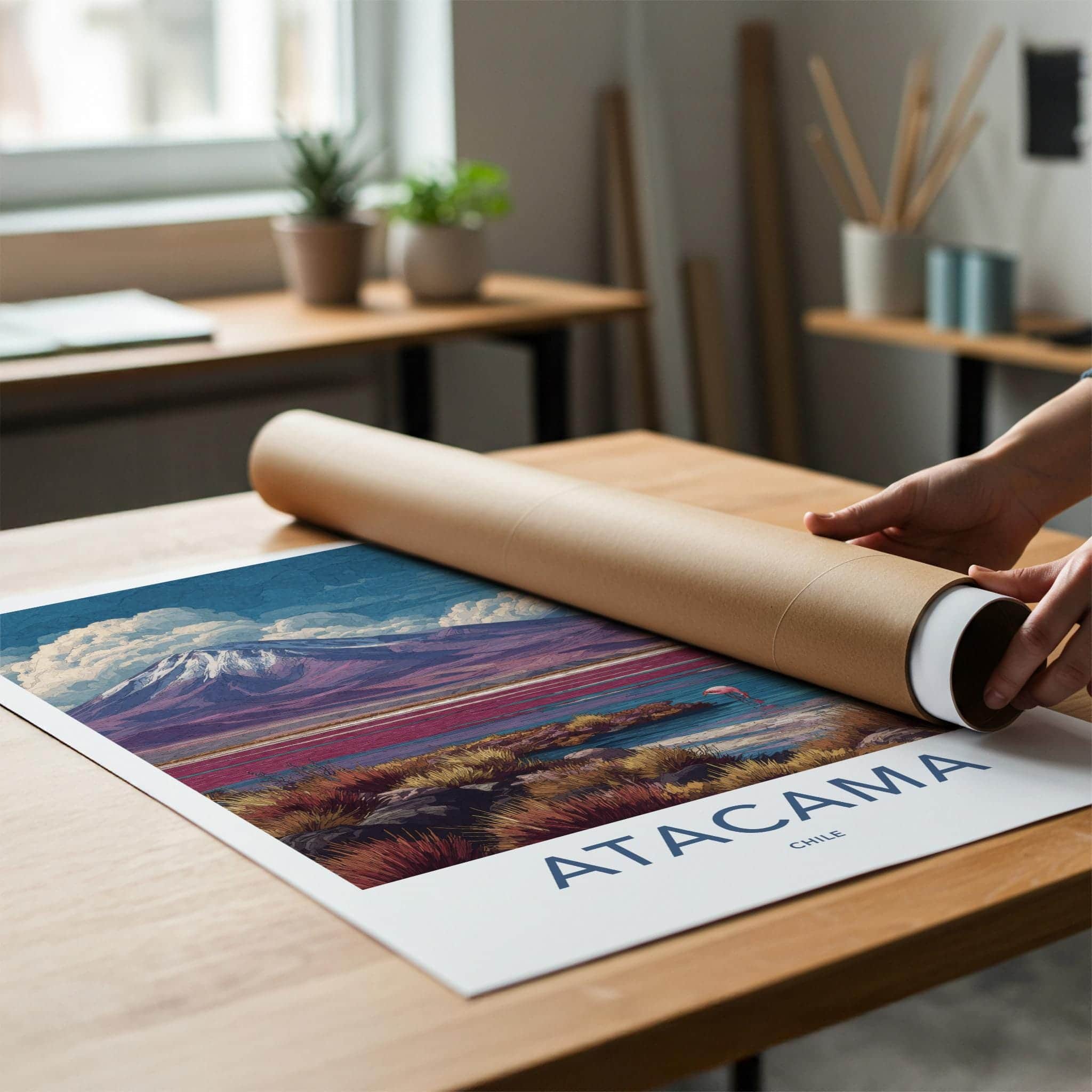 Atacama Poster - Chile Travel Art - Mountain Lake Flamingos Wall Decor