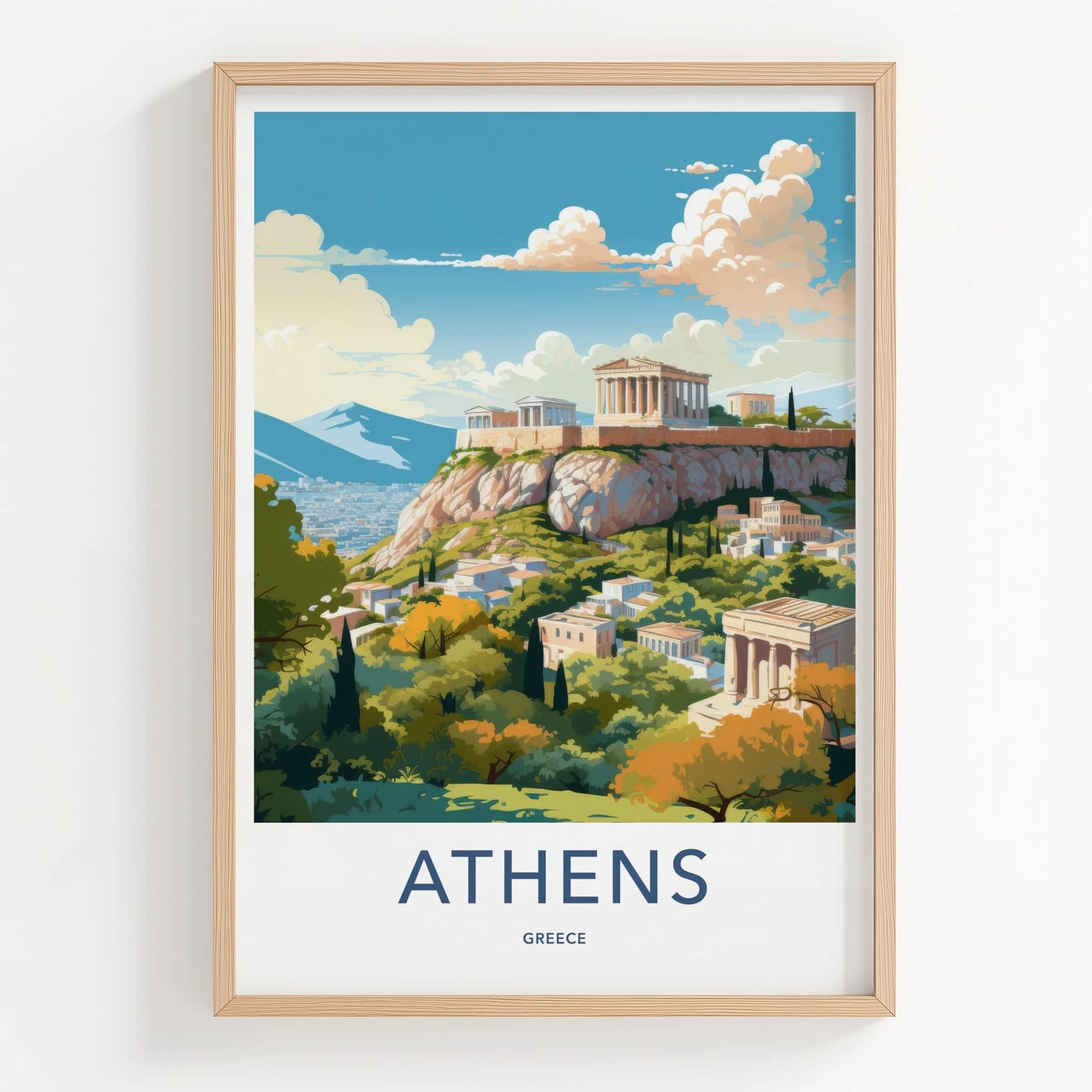 Athens Poster - Greece Framed Print - Acropolis hilltop city Lounge Decor