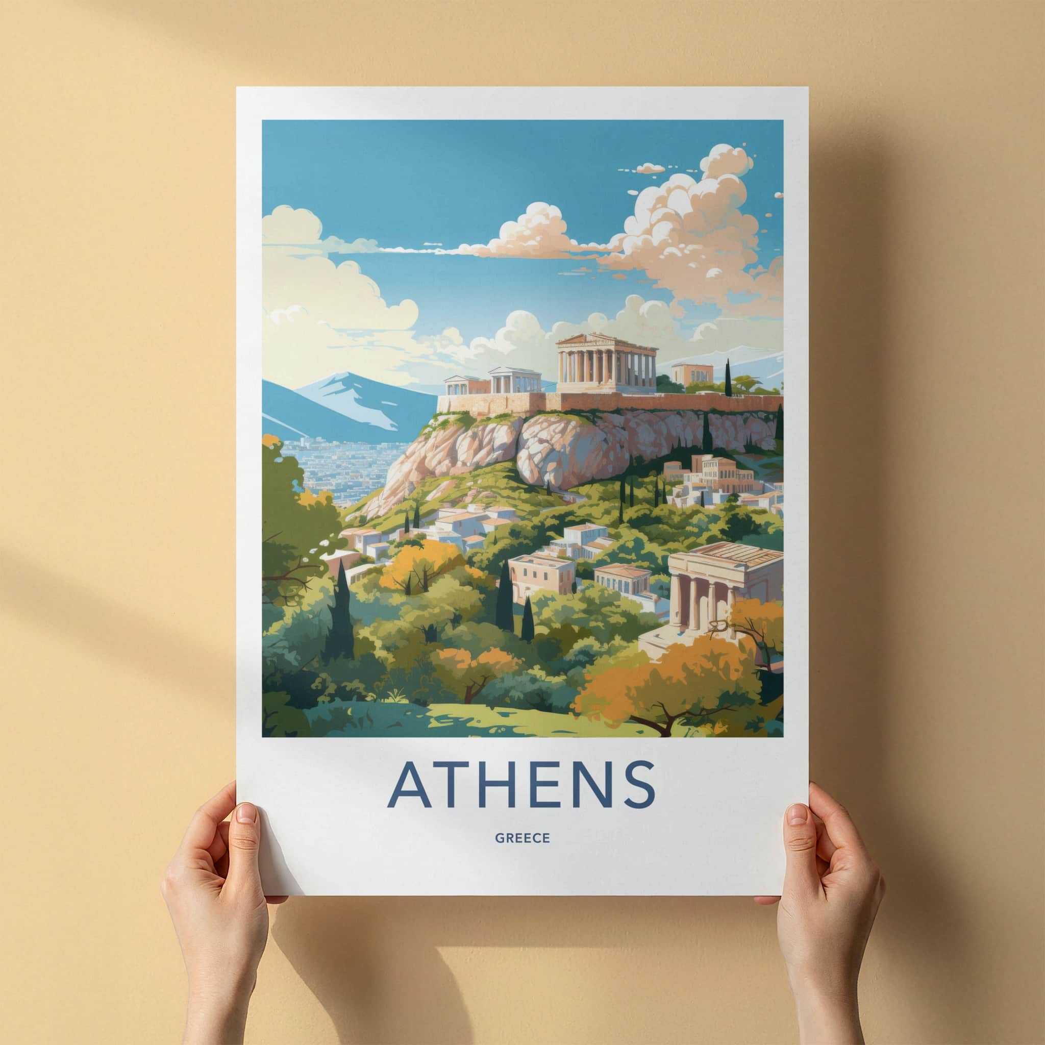 Athens Poster - Greece Framed Print - Acropolis hilltop city Lounge Decor