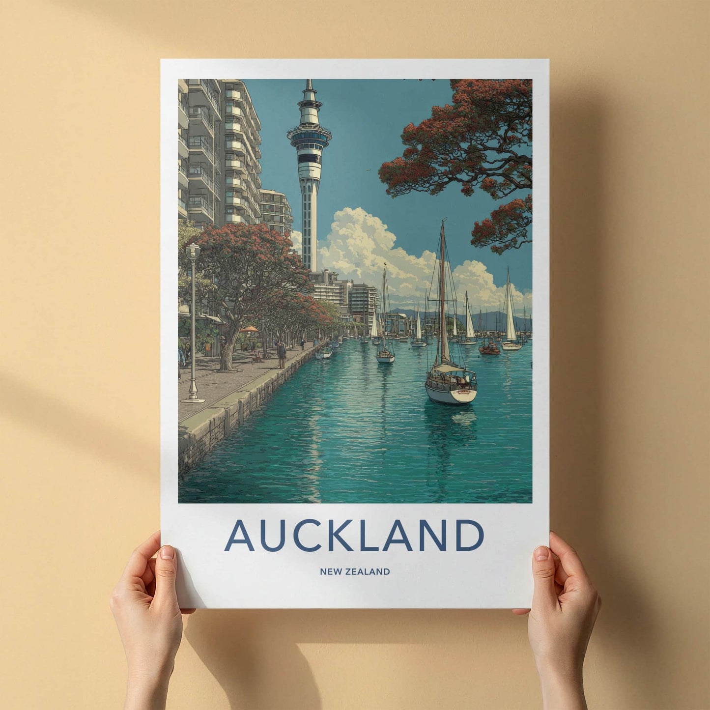 Auckland Poster - New Zealand Travel Art - City Harbor Boats Wall Decor