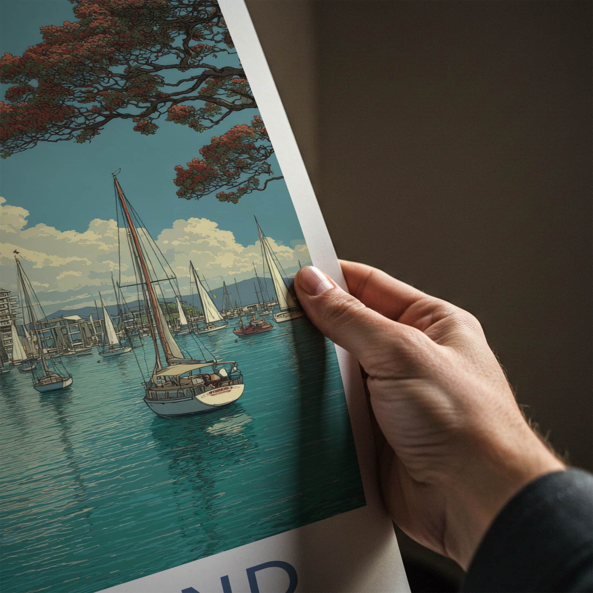 Auckland Poster - New Zealand Travel Art - City Harbor Boats Wall Decor