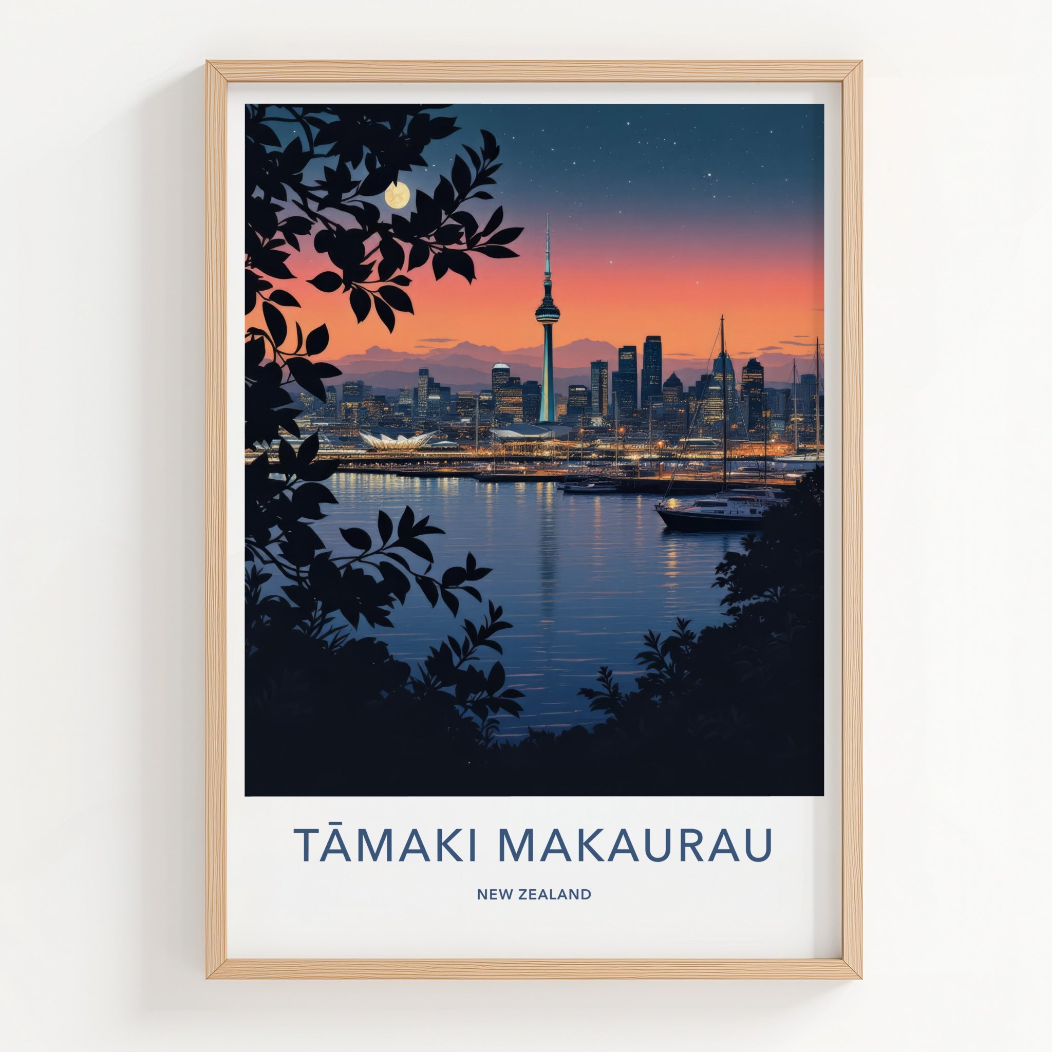 Auckland Poster - New Zealand Travel Art - Moonlit City View Home Decor