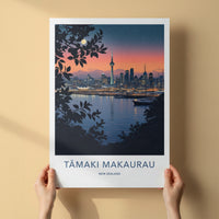 Auckland Poster - New Zealand Travel Art - Moonlit City View Home Decor