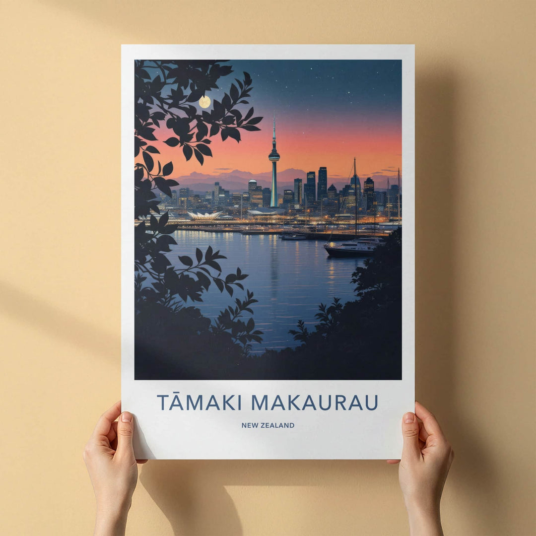 Auckland Poster - New Zealand Travel Art - Moonlit City View Home Decor