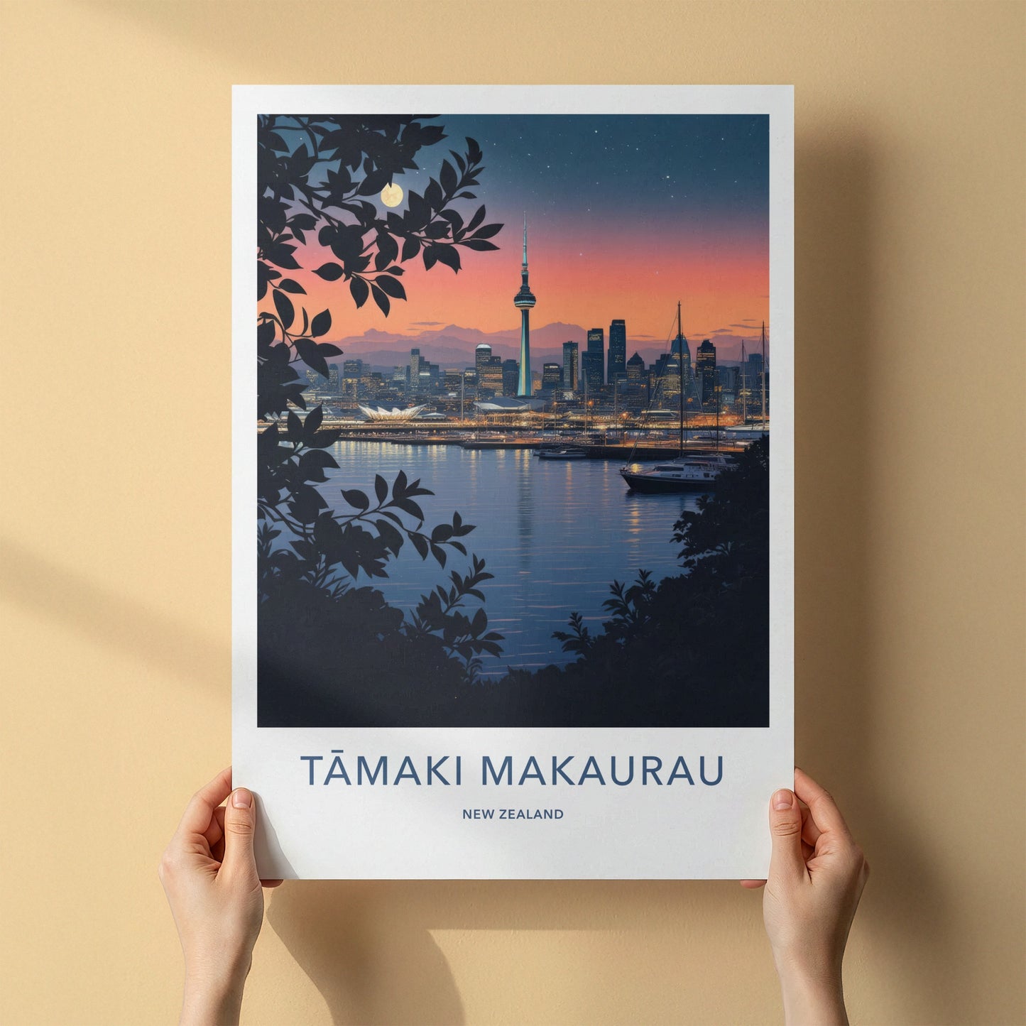 Auckland Poster - New Zealand Travel Art - Moonlit City View Home Decor