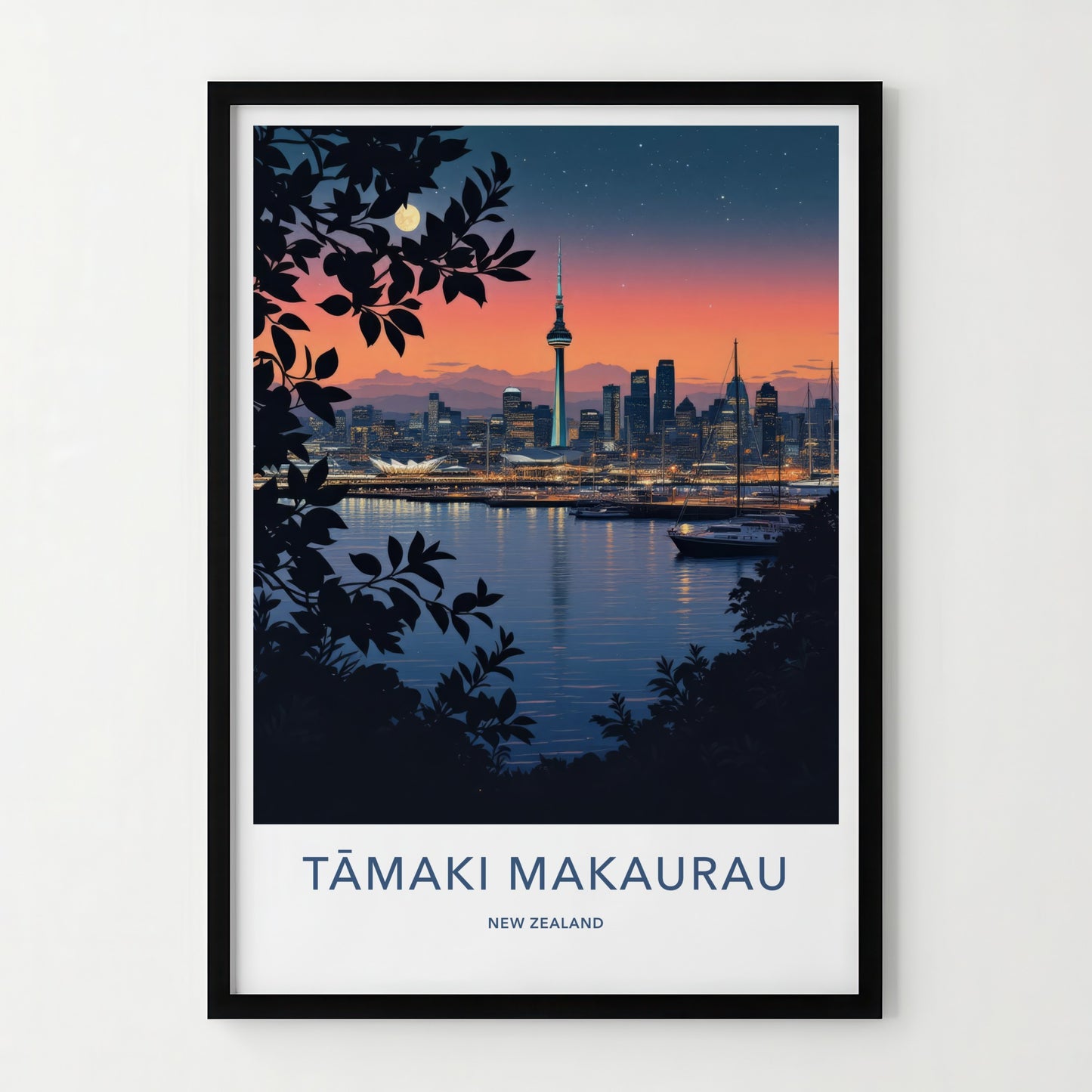 Auckland Poster - New Zealand Travel Art - Moonlit City View Home Decor