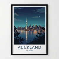 Auckland Poster - New Zealand Travel Art - Moonlit Harbor City Home Decor