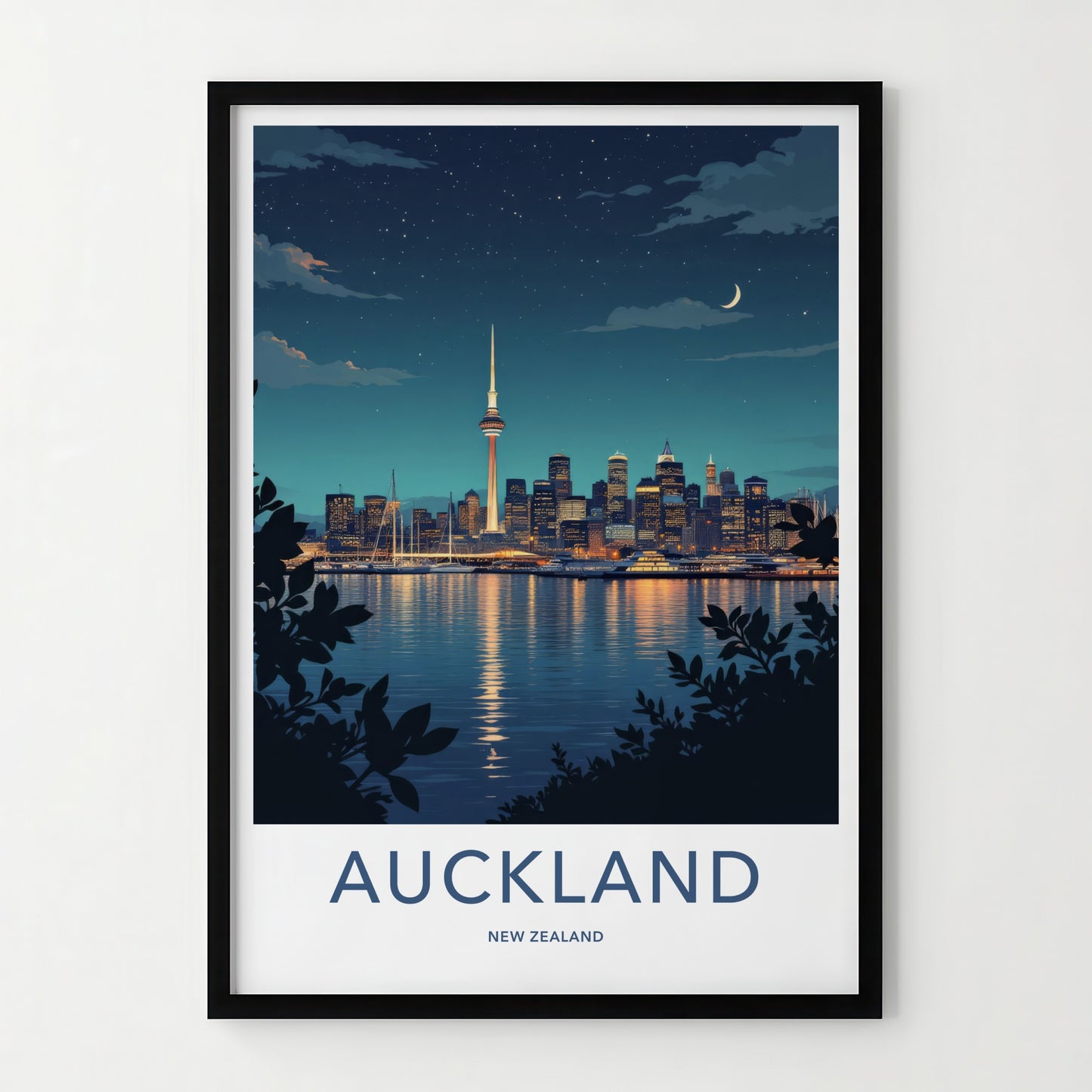 Auckland Poster - New Zealand Travel Art - Moonlit Harbor City Home Decor