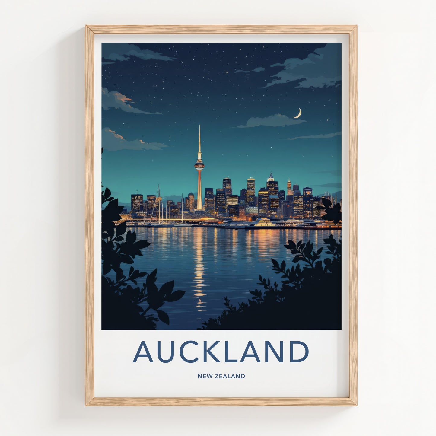 Auckland Poster - New Zealand Travel Art - Moonlit Harbor City Home Decor