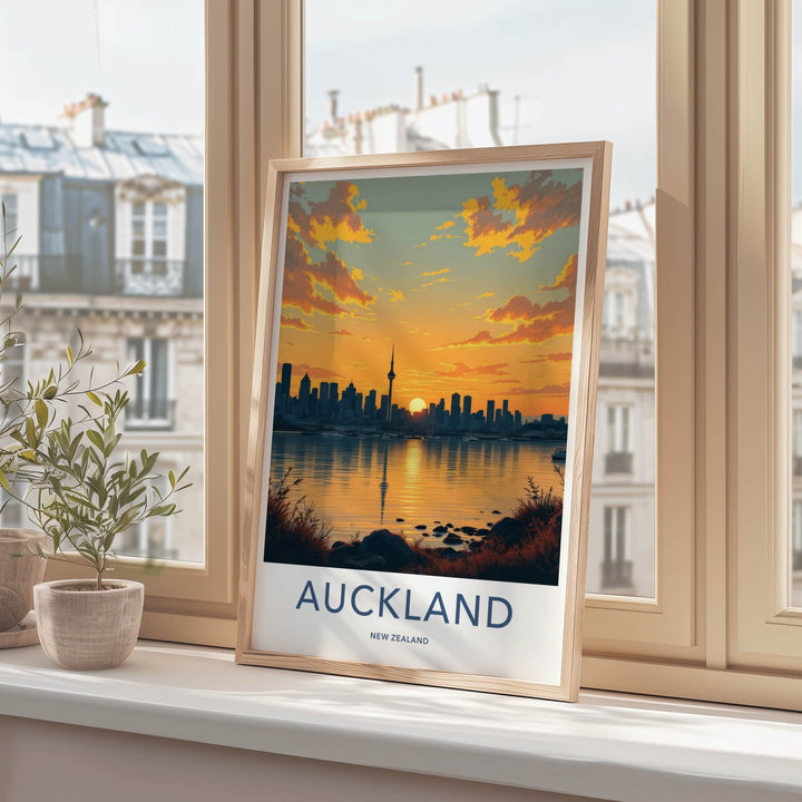 Auckland Poster - New Zealand Travel Art - Sunset City Skyline Home Decor