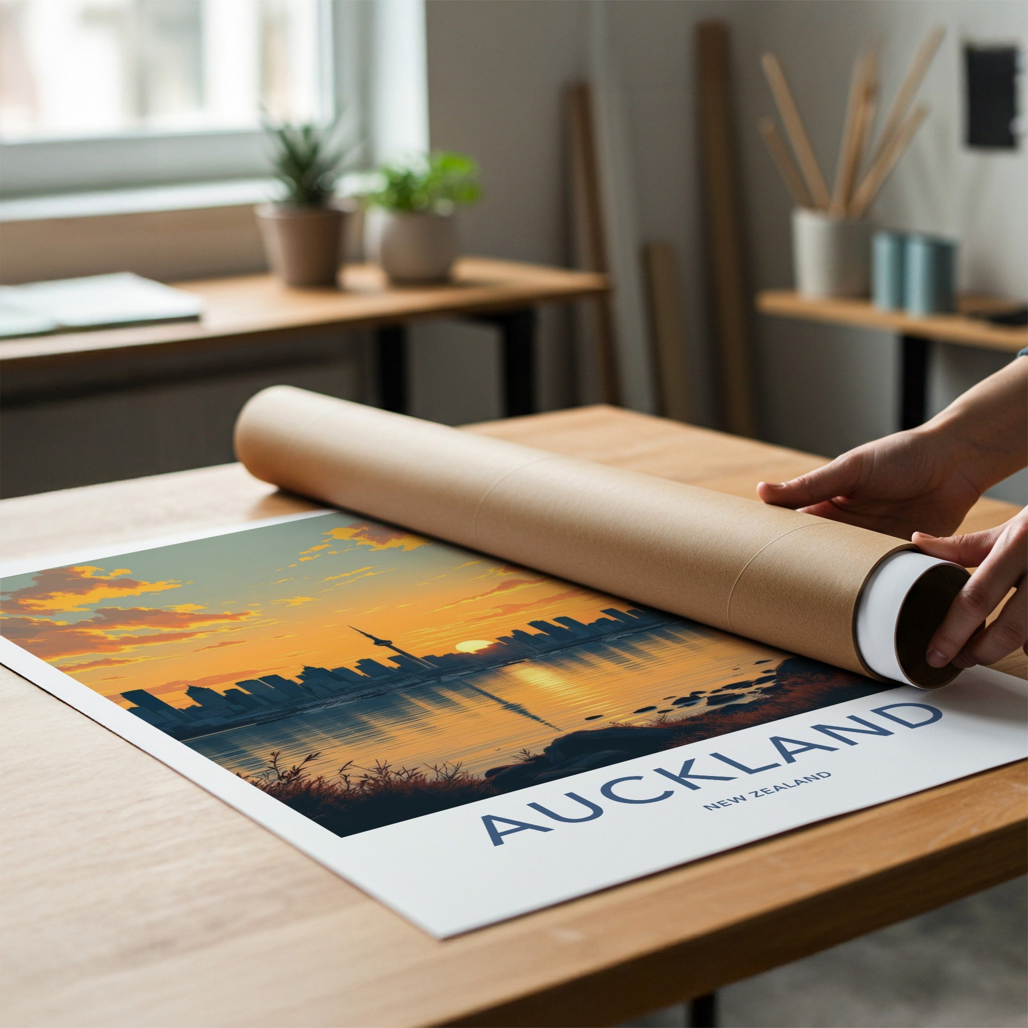Auckland Poster - New Zealand Travel Art - Sunset City Skyline Home Decor