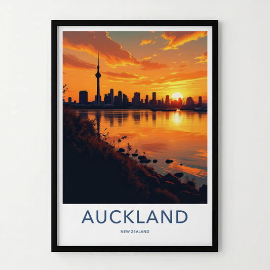 Auckland Poster - New Zealand Travel Print - Sunset City Reflections Wall Decor