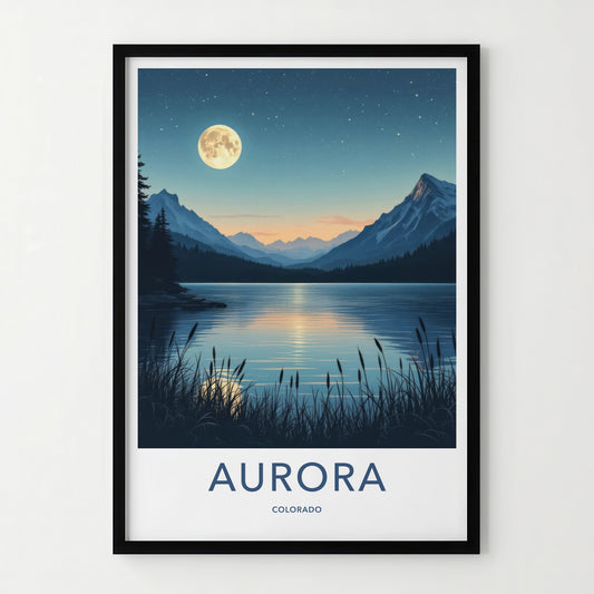Aurora Poster - Colorado Travel Art - Moonlit Lake Mountains Home Decor