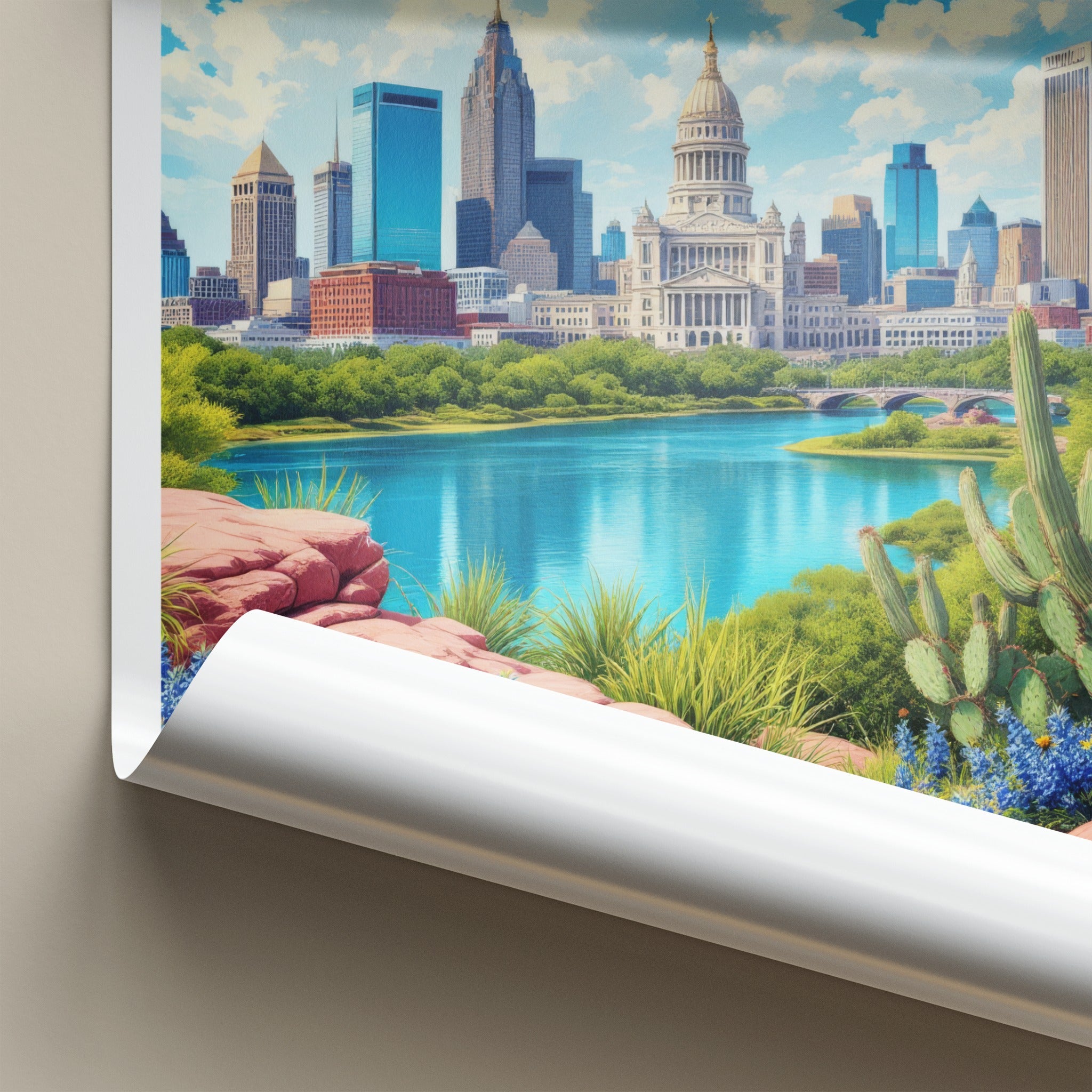 Austin Poster - Texas Travel Art - Capitol River Bluebonnets Home Decor