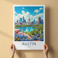 Austin Poster - Texas Travel Art - Capitol River Bluebonnets Home Decor