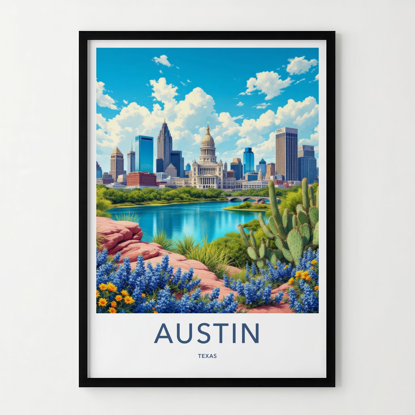 Austin Poster - Texas Travel Art - Capitol River Bluebonnets Home Decor