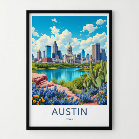 Austin Poster - Texas Travel Art - Capitol River Bluebonnets Home Decor