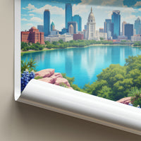 Austin Poster - Texas Travel Art - City Lake Bluebonnets Home Decor