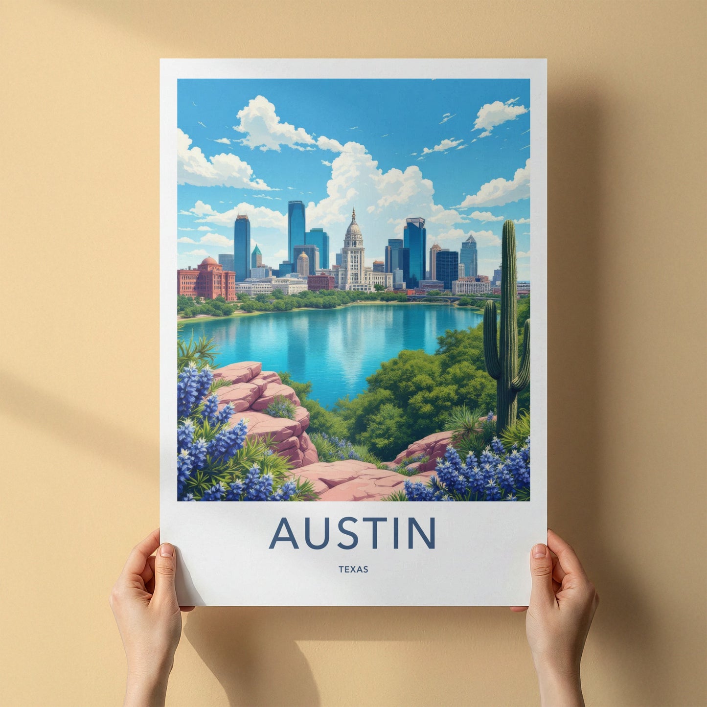 Austin Poster - Texas Travel Art - City Lake Bluebonnets Home Decor
