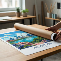 Austin Poster - Texas Travel Art - City Lake Bluebonnets Home Decor