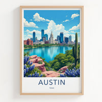 Austin Poster - Texas Travel Art - City Lake Bluebonnets Home Decor