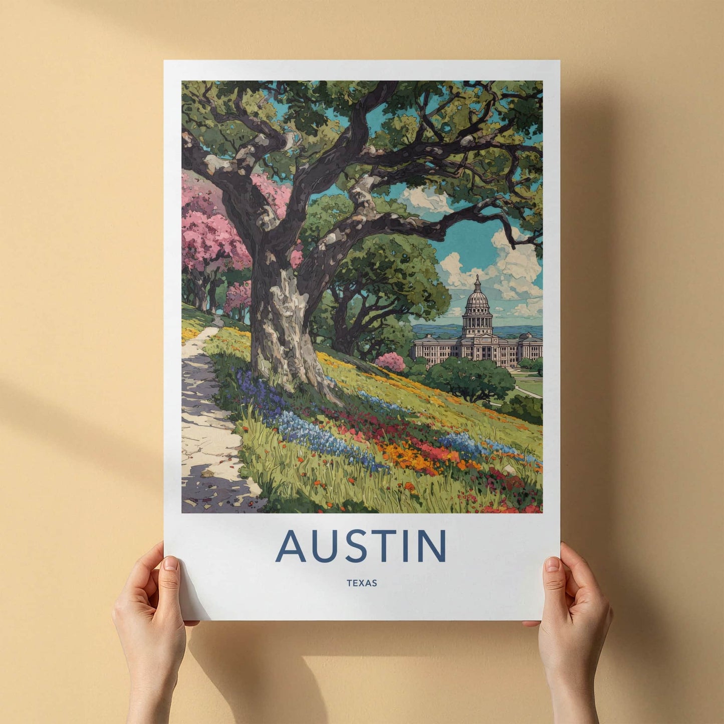 Austin Poster - Texas Travel Art - Hillside Flowers Capitol Home Decor