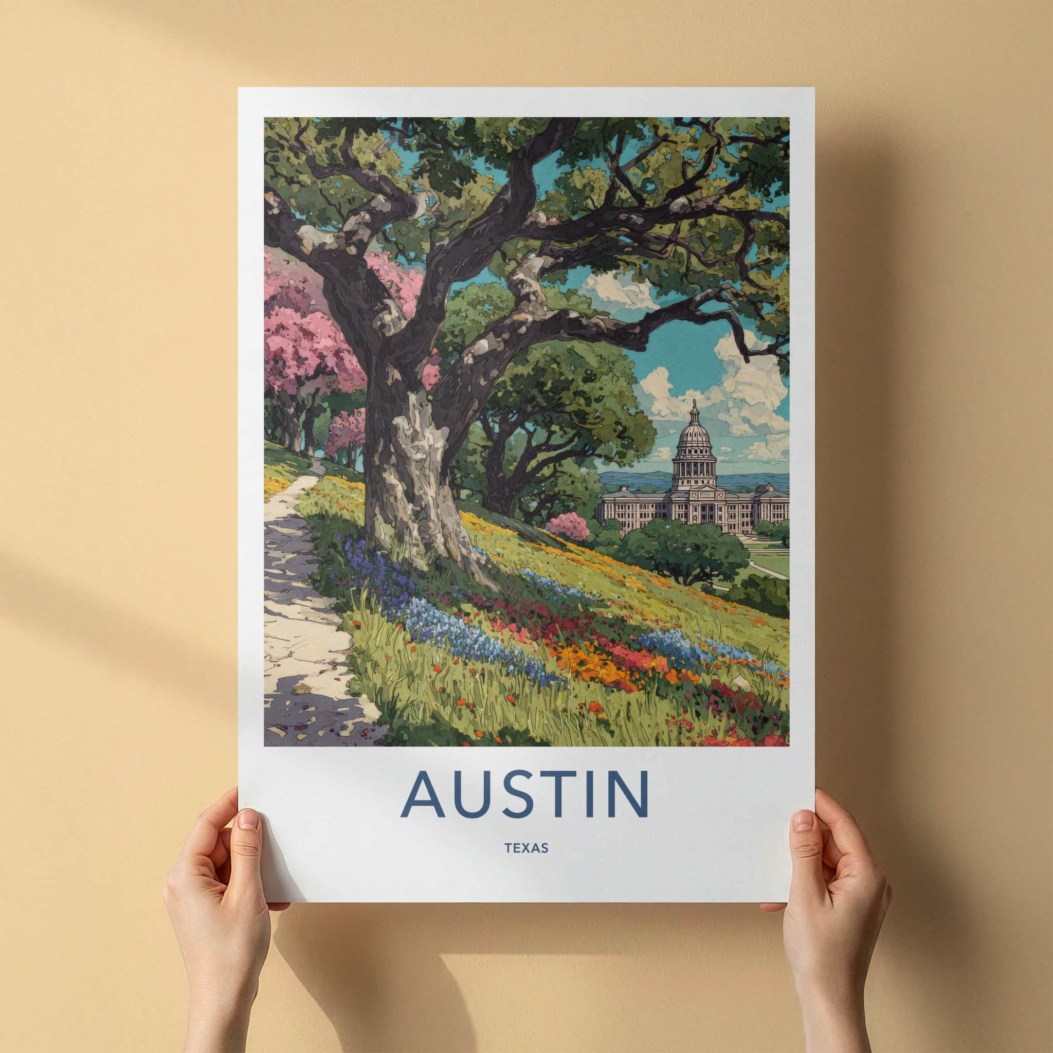 Austin Poster - Texas Travel Art - Hillside Flowers Capitol Home Decor