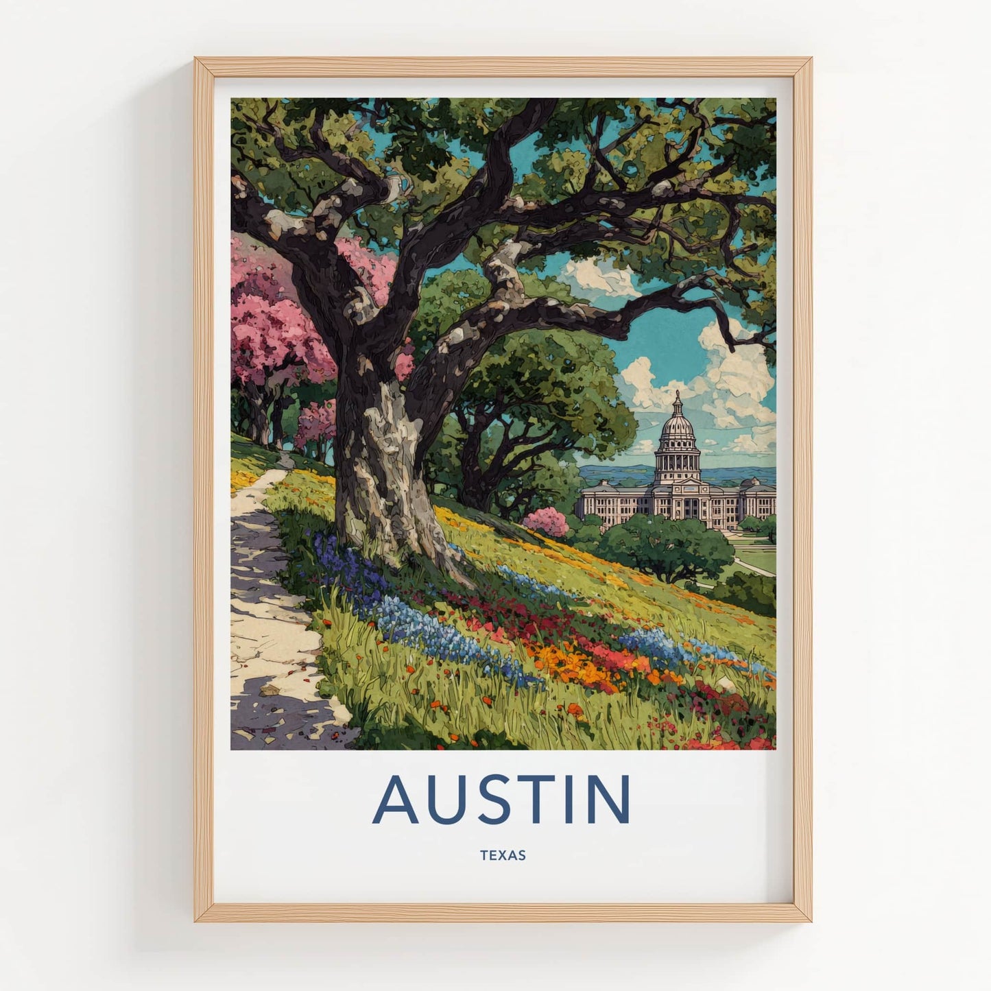 Austin Poster - Texas Travel Art - Hillside Flowers Capitol Home Decor
