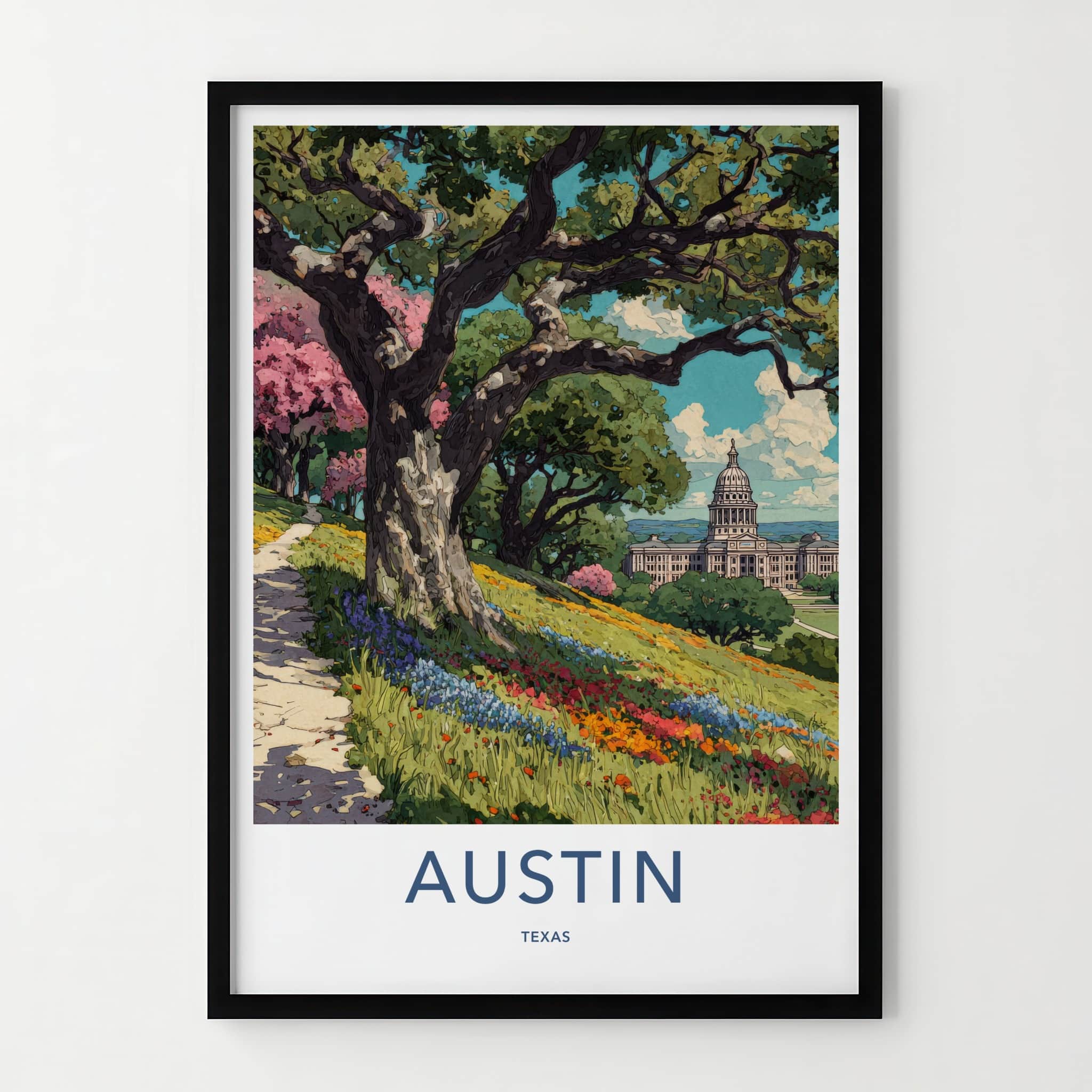 Austin Poster - Texas Travel Art - Hillside Flowers Capitol Home Decor