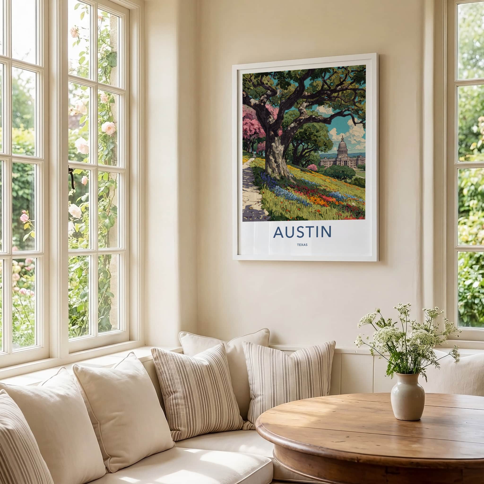 Austin Poster - Texas Travel Art - Hillside Flowers Capitol Home Decor