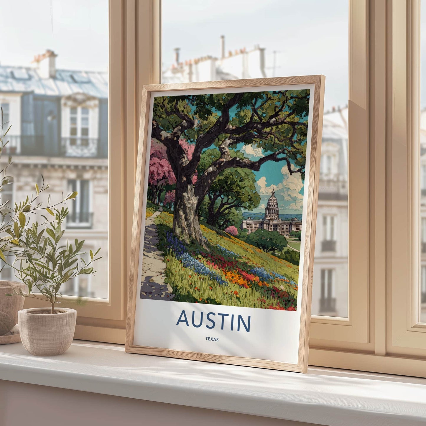 Austin Poster - Texas Travel Art - Hillside Flowers Capitol Home Decor