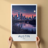 Austin Poster - Texas Travel Art - Moonlit City River Wall Decor