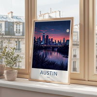 Austin Poster - Texas Travel Art - Moonlit City River Wall Decor