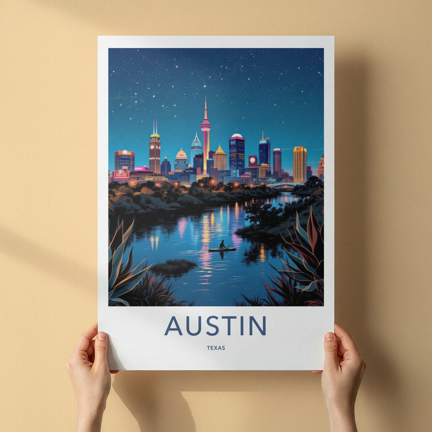 Austin Poster - Texas Travel Art - Paddleboarder City River Wall Decor