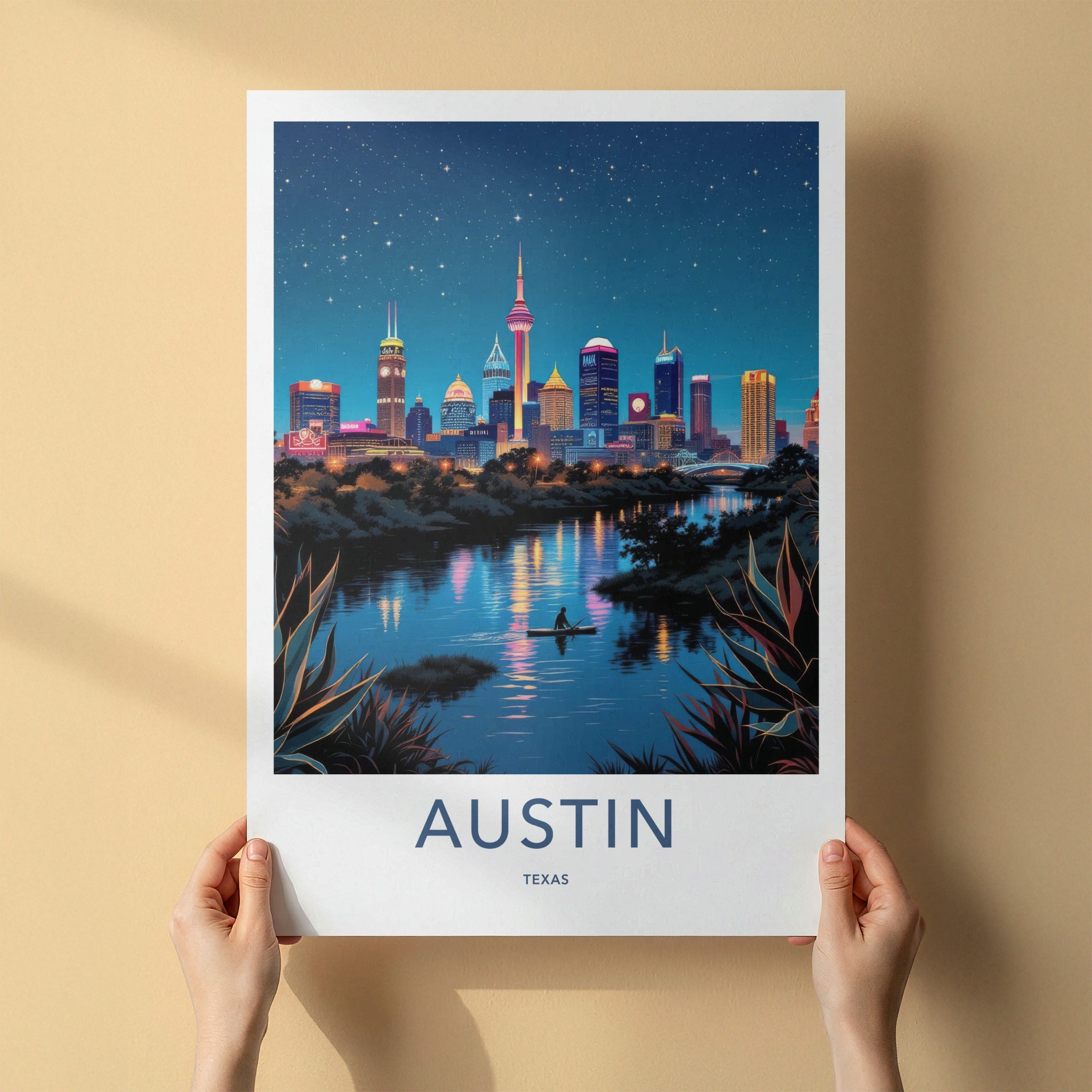 Austin Poster - Texas Travel Art - Paddleboarder City River Wall Decor