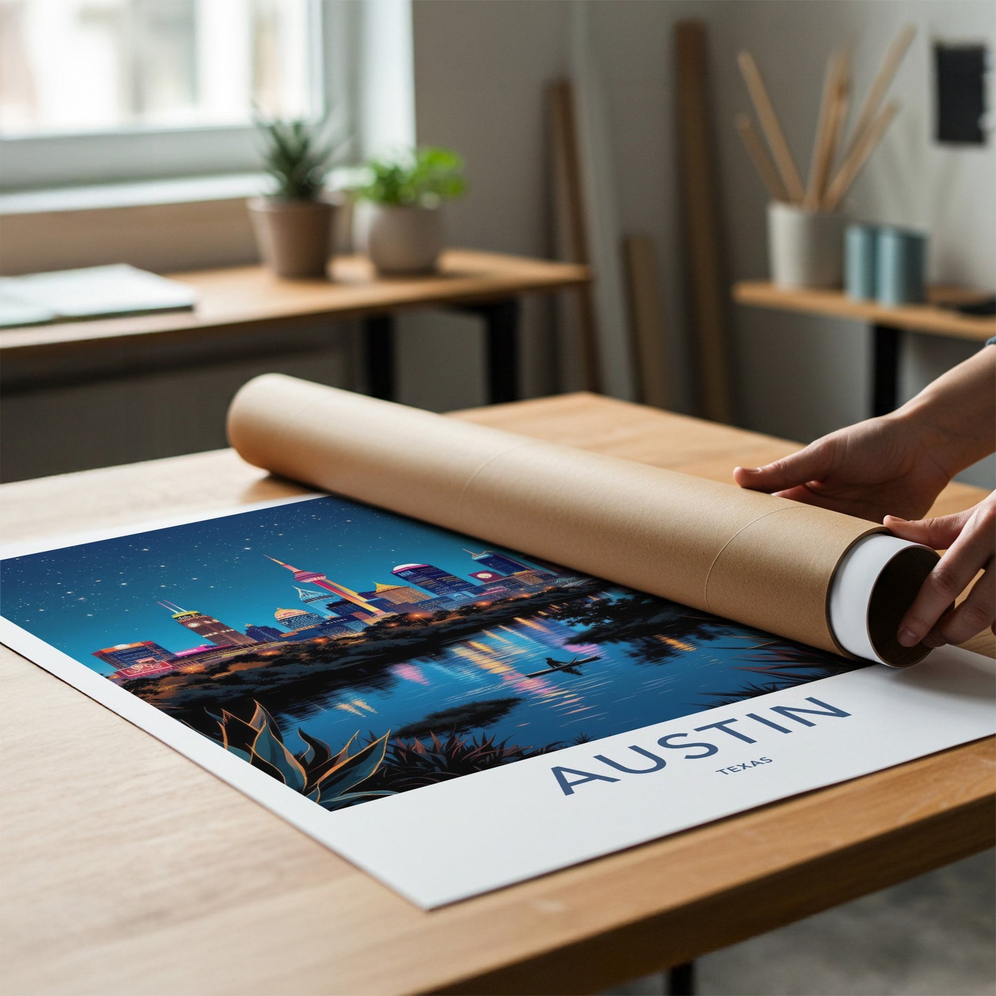 Austin Poster - Texas Travel Art - Paddleboarder City River Wall Decor