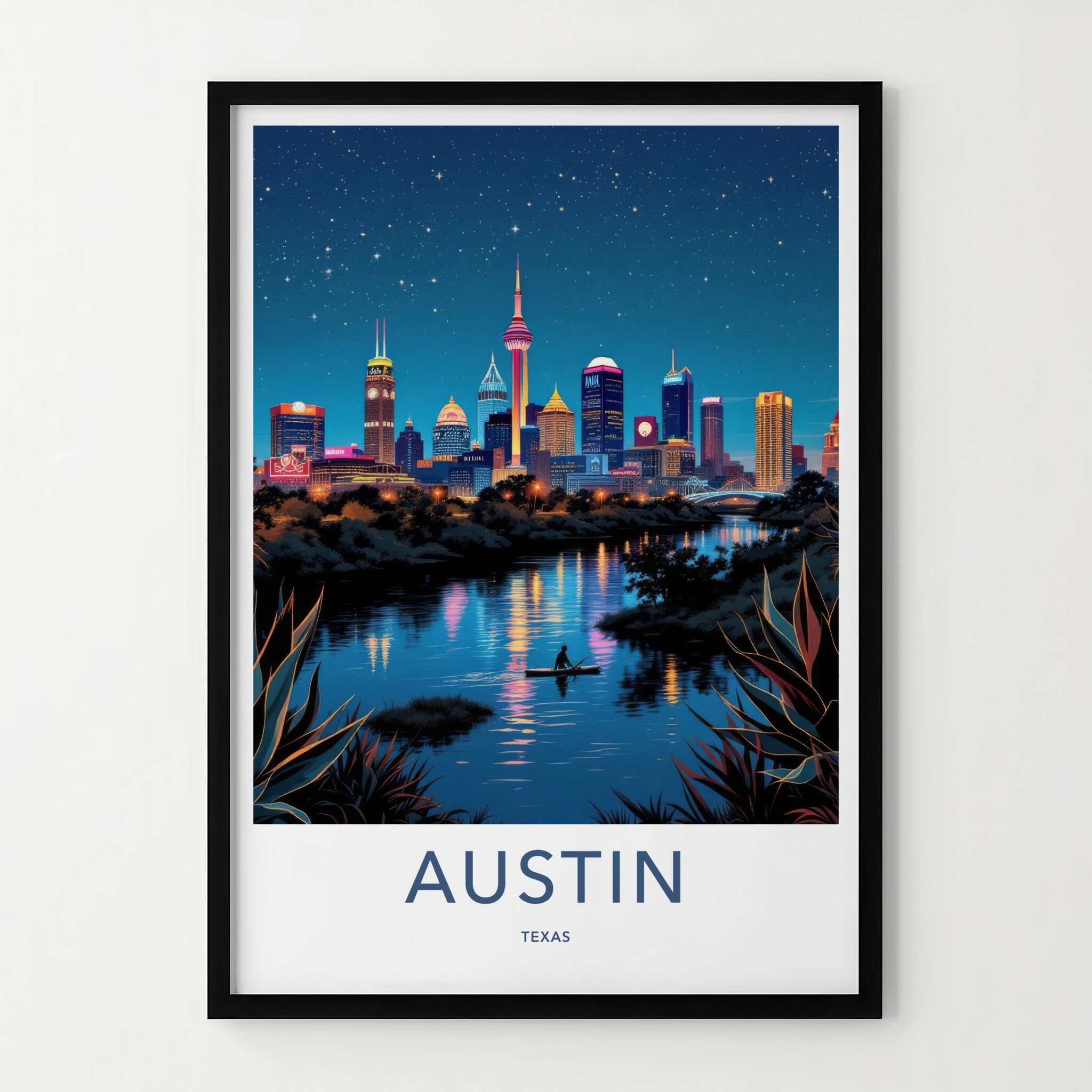 Austin Poster - Texas Travel Art - Paddleboarder City River Wall Decor