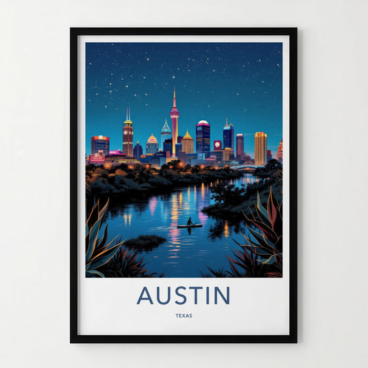 Austin Poster - Texas Travel Art - Paddleboarder City River Wall Decor