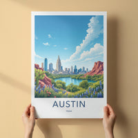 Austin Poster - Texas Travel Art - Skyline Lake Bluebonnets Home Decor