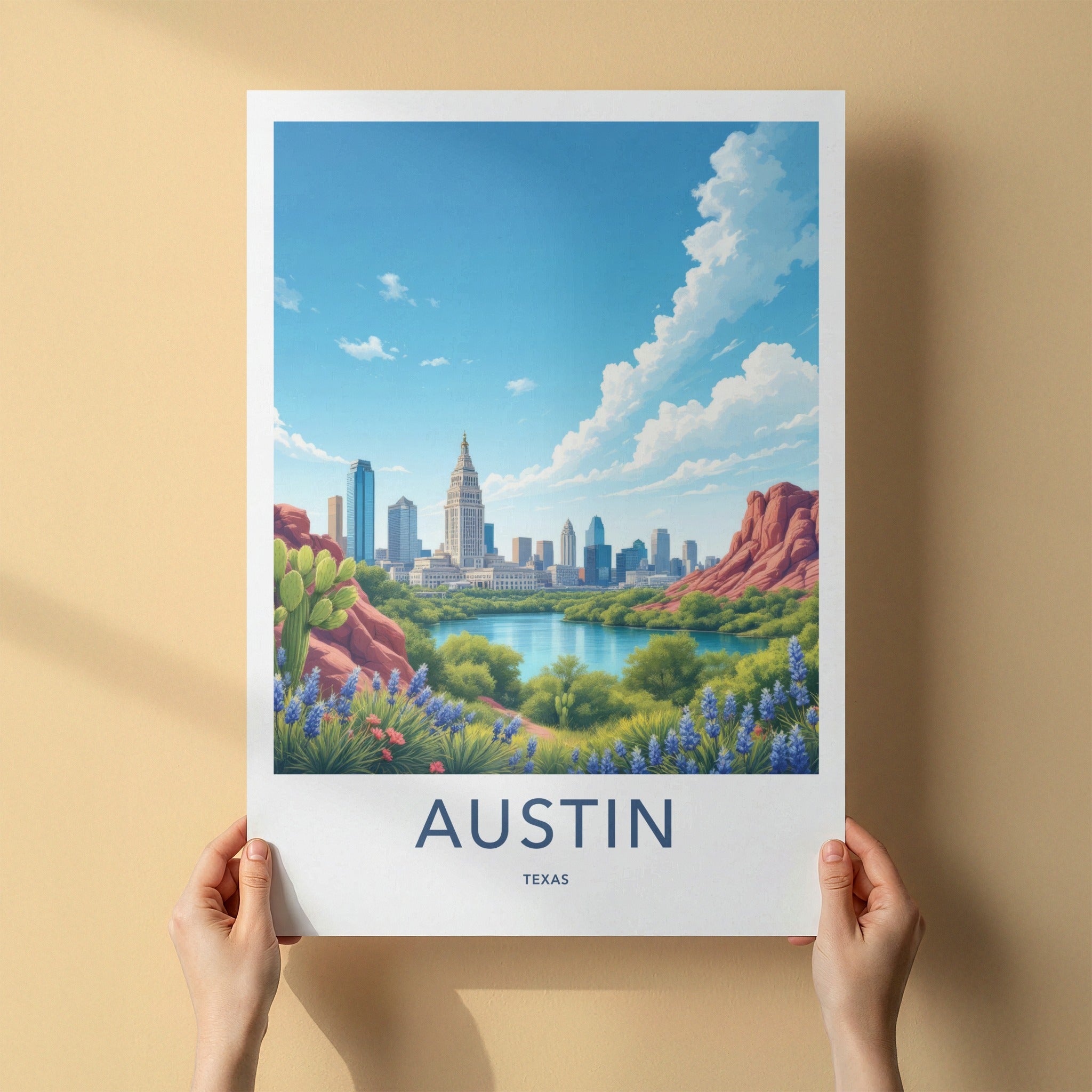 Austin Poster - Texas Travel Art - Skyline Lake Bluebonnets Home Decor