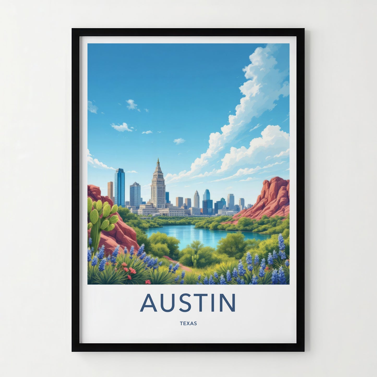 Austin Poster - Texas Travel Art - Skyline Lake Bluebonnets Home Decor