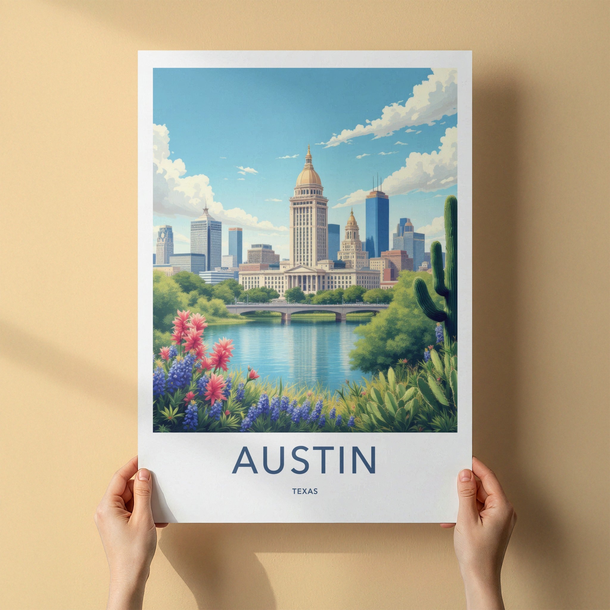 Austin Poster - Texas Travel Print - Capitol River Bluebonnets Wall Decor