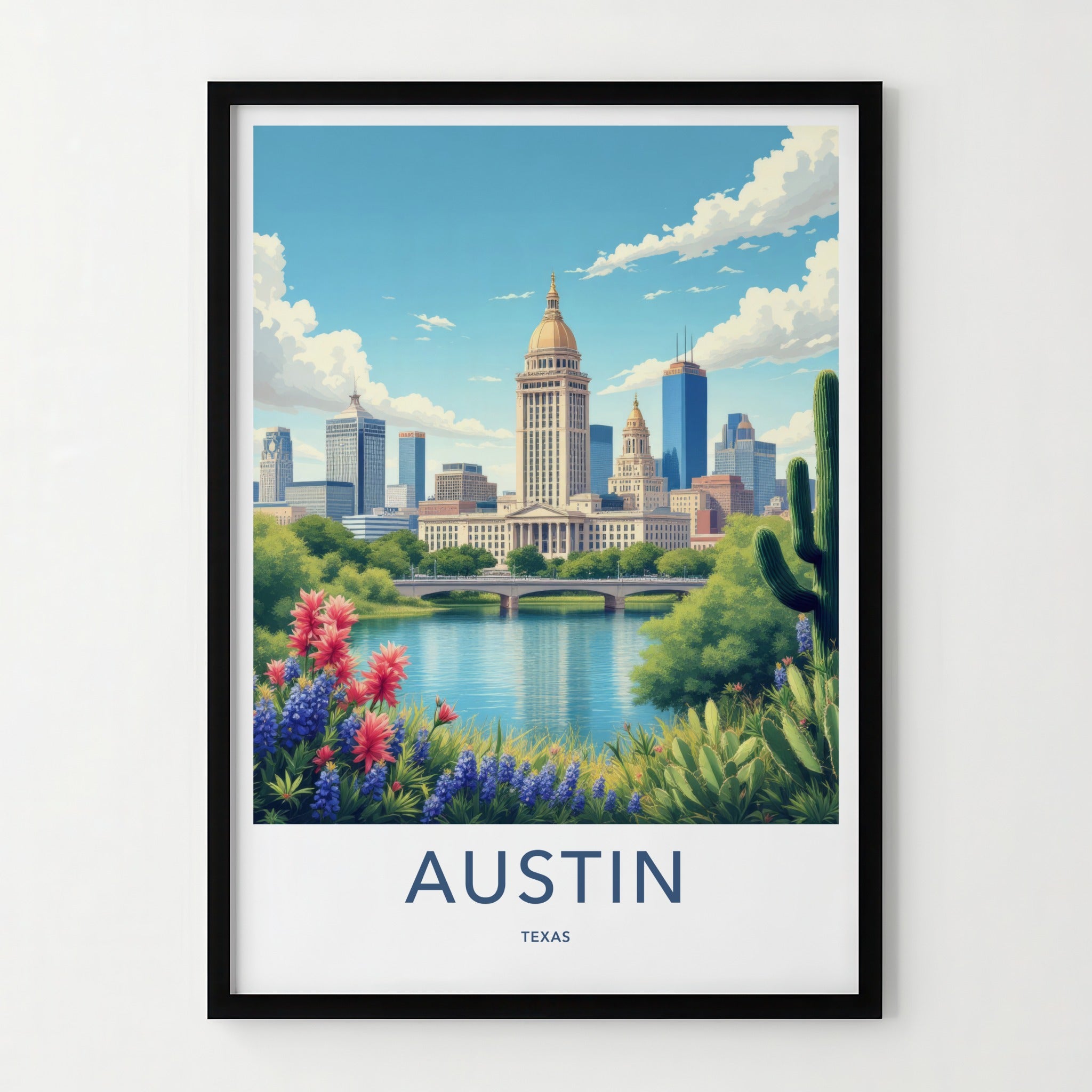 Austin Poster - Texas Travel Print - Capitol River Bluebonnets Wall Decor