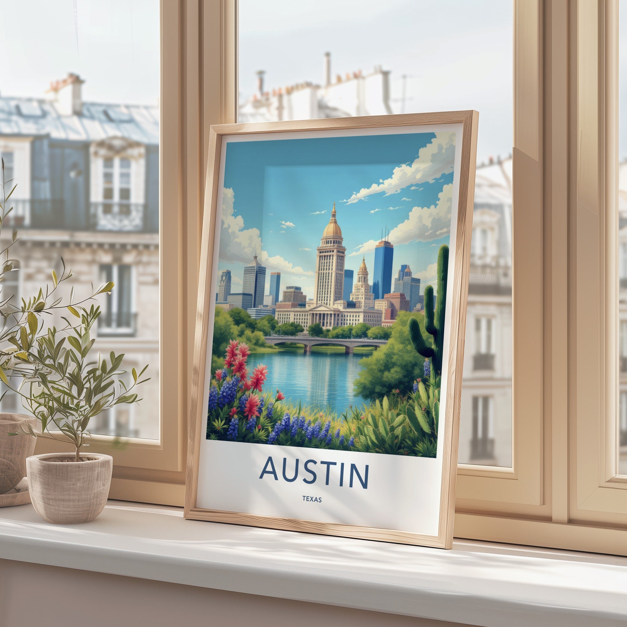 Austin Poster - Texas Travel Print - Capitol River Bluebonnets Wall Decor