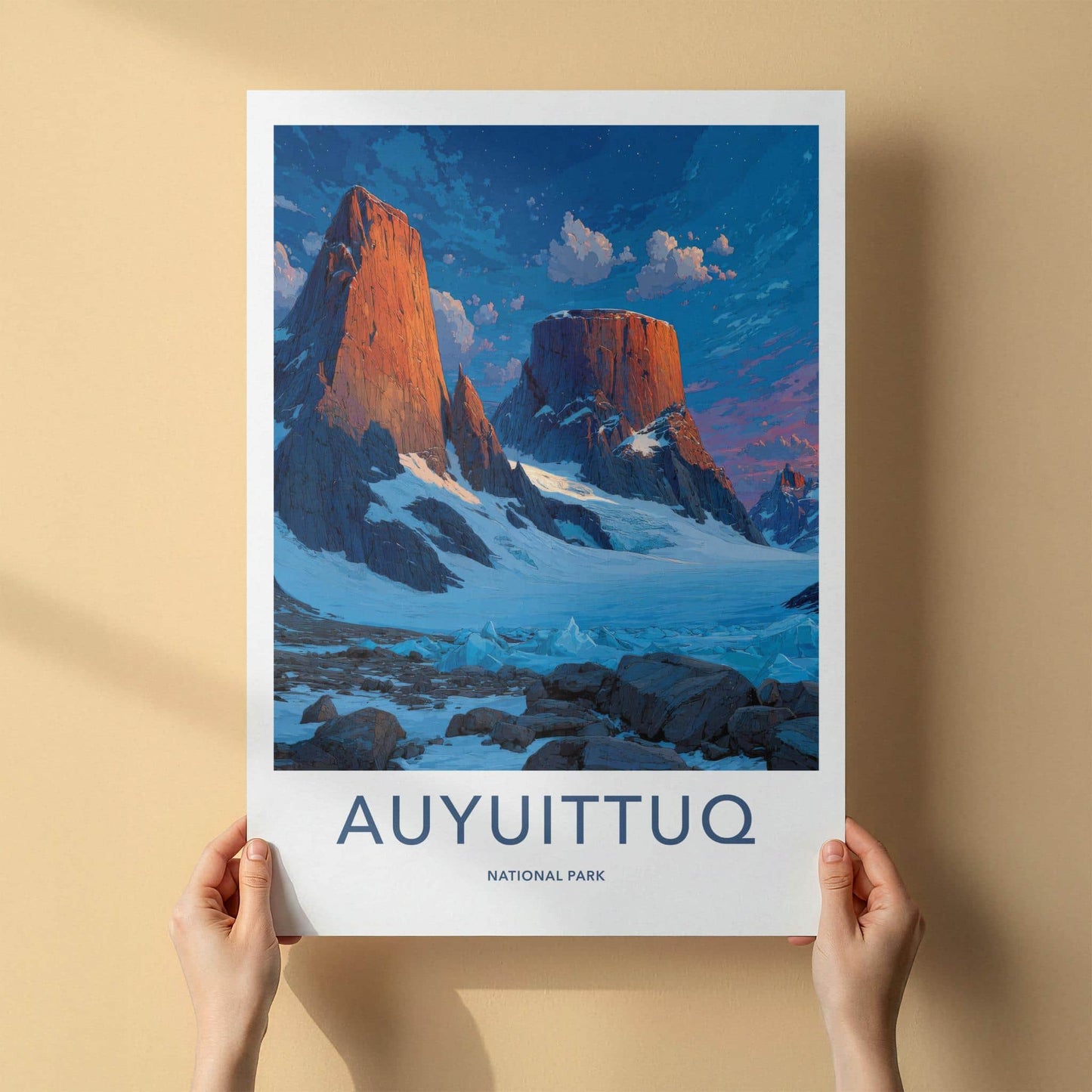 Auyuittuq National Park Poster - Canada Travel Print - Arctic peaks sunset Wall Decor