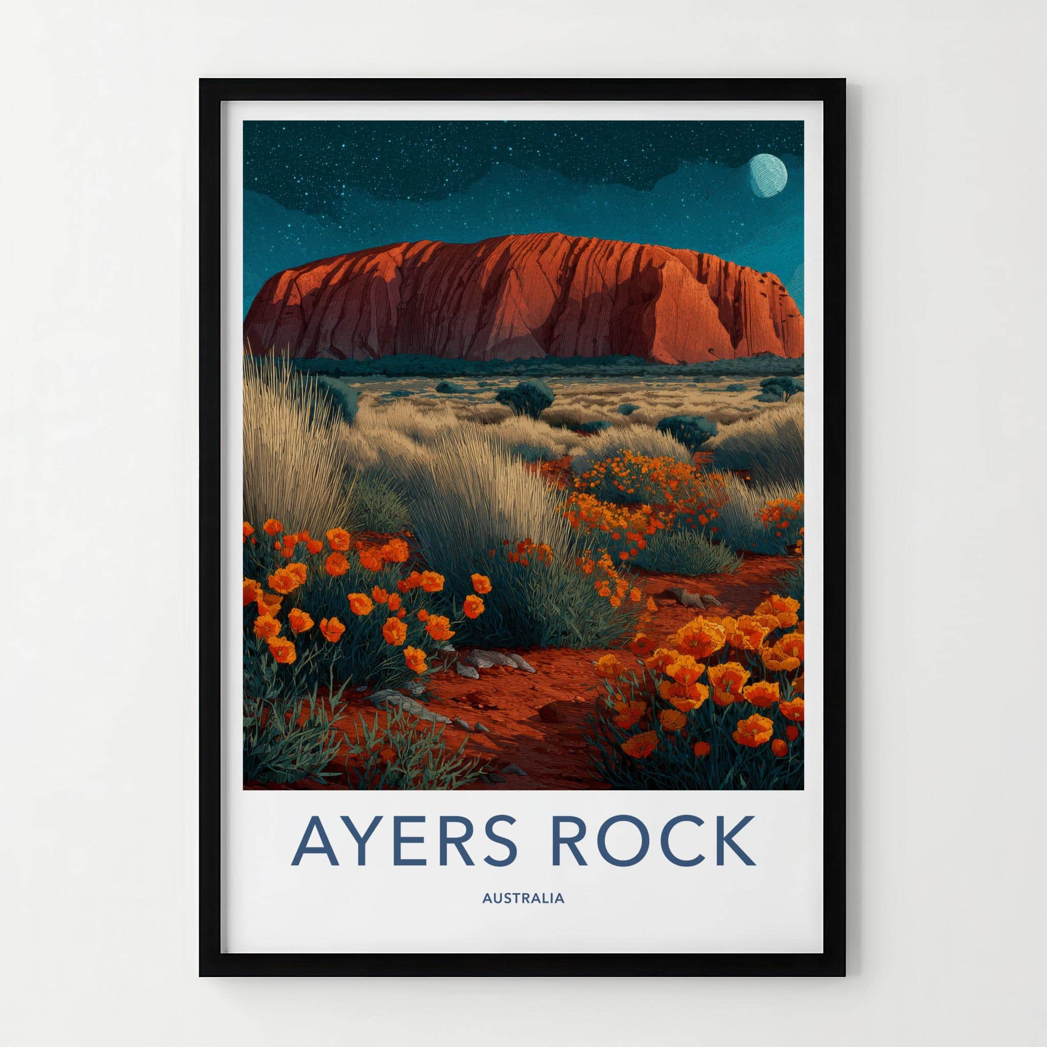 Ayers Rock Poster - Australia Travel Art - starry desert bloom Wall Decor