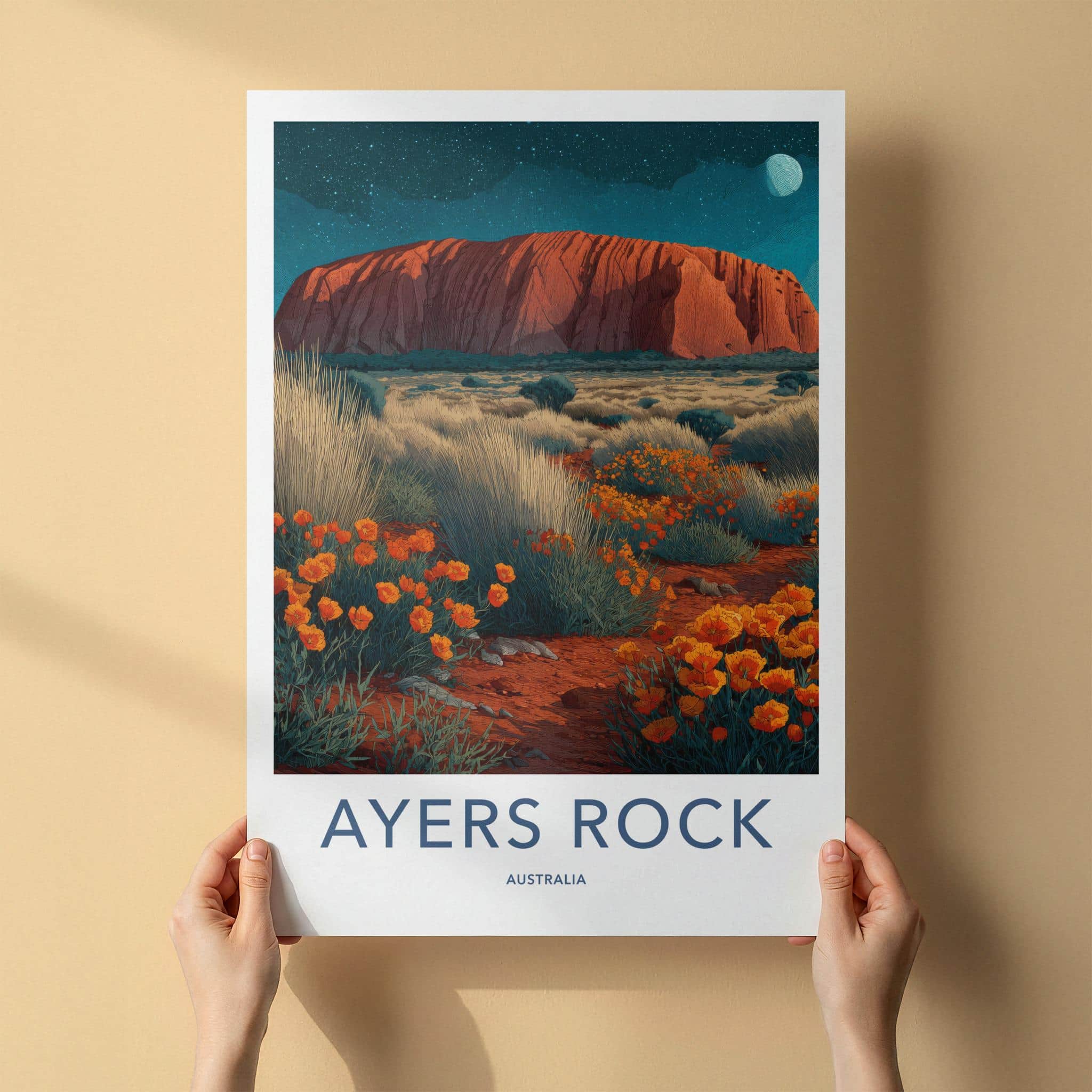 Ayers Rock Poster - Australia Travel Art - starry desert bloom Wall Decor