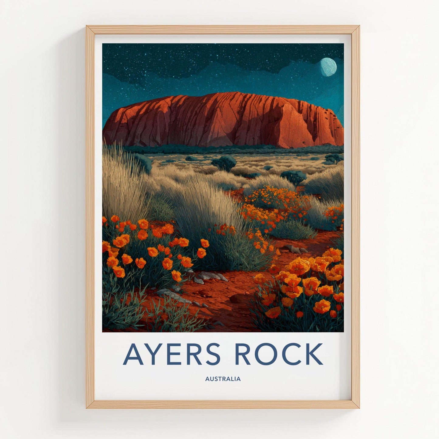 Ayers Rock Poster - Australia Travel Art - starry desert bloom Wall Decor